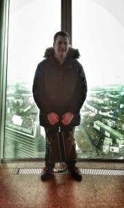 Greg Gillespie at 168 meters in the air in the Rhine Tower in Dusseldorf, Germany