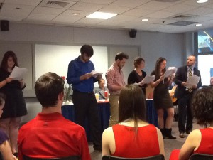 Professors and students participating in the reading of Cervantes's entremés at the Sigma Delta Pi Initiation